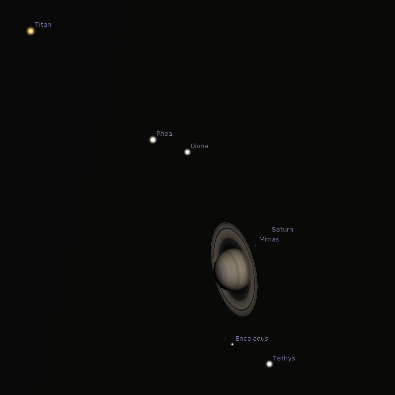 Saturn mit einigen seiner Monde am 26.07.2018 um 22:30 Uhr